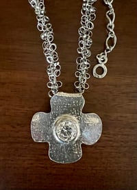 Image 3 of Hammered cross pendant necklace with bezel set crystal