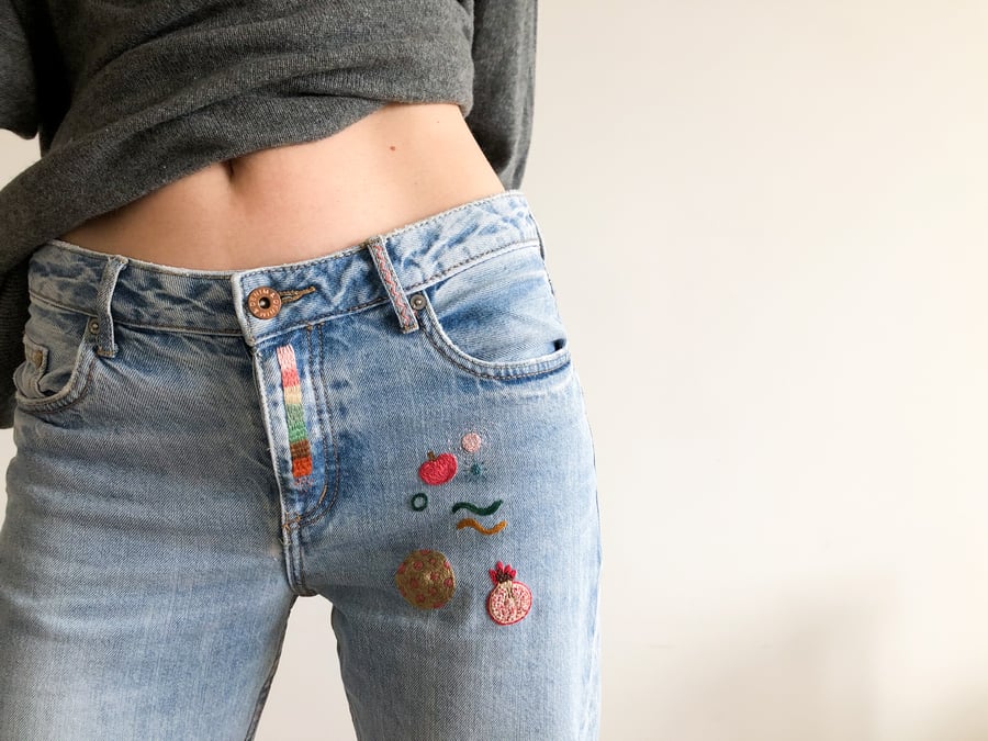 Image of Hand embroidered low waist boyfriend tapered leg jeans, upcycled, 26/32