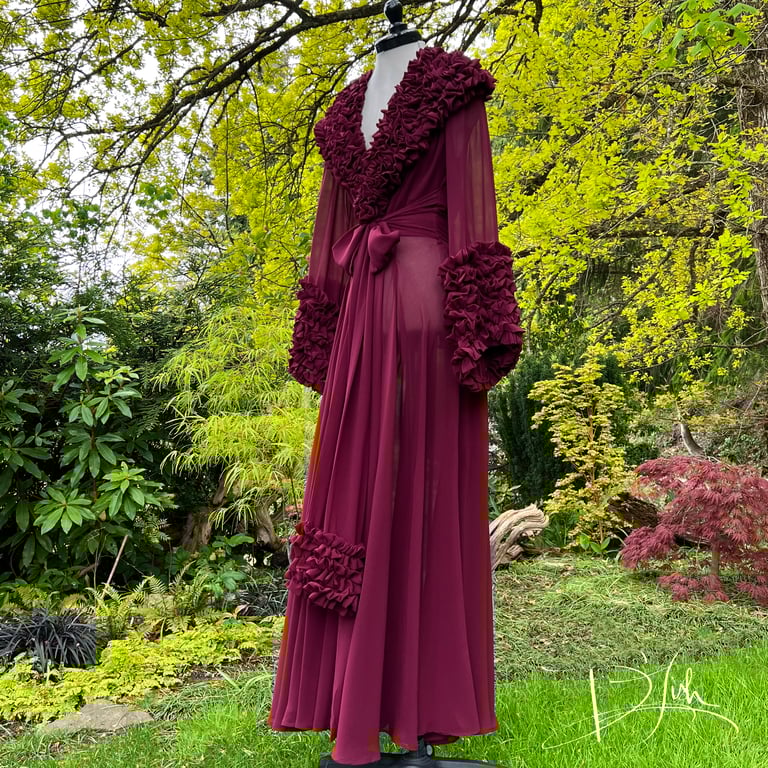 Wine Sheer Ruffled "Dominique" Dressing Gown Image 3