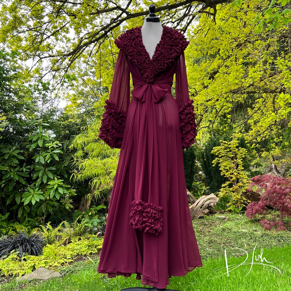 Image of Wine Sheer Ruffled "Dominique" Dressing Gown 