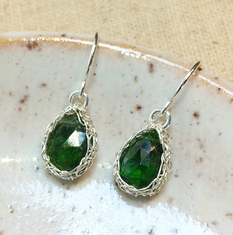Image of Silver Crochet Emerald Green Chrome Diopside Earrings