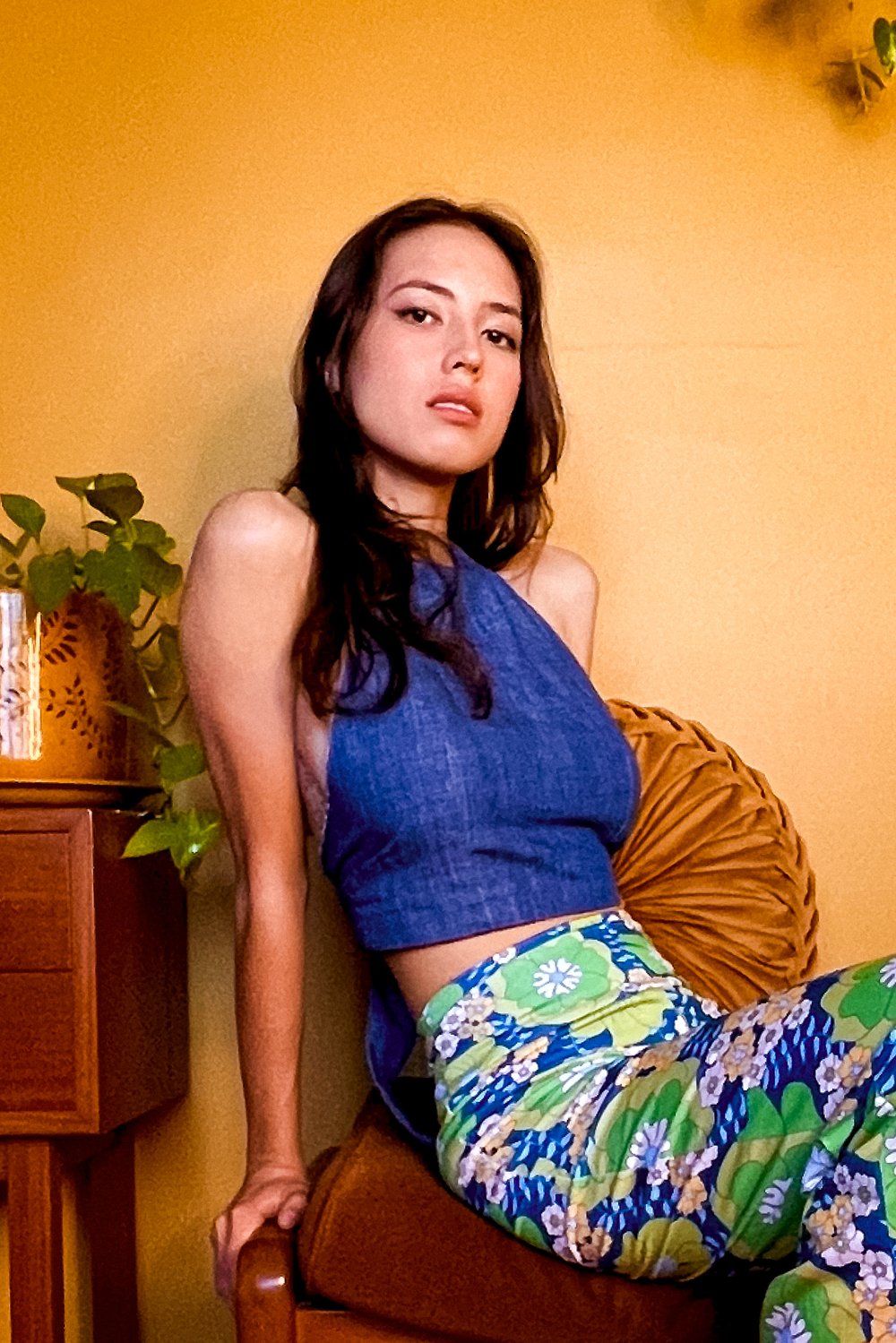 Reversible Denim High Neck Halter with Flower Patch lining