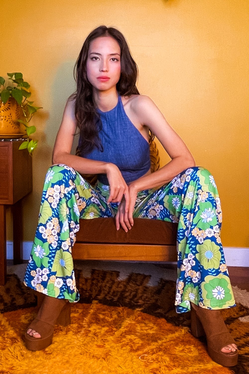 Reversible Denim High Neck Halter with Flower Patch lining