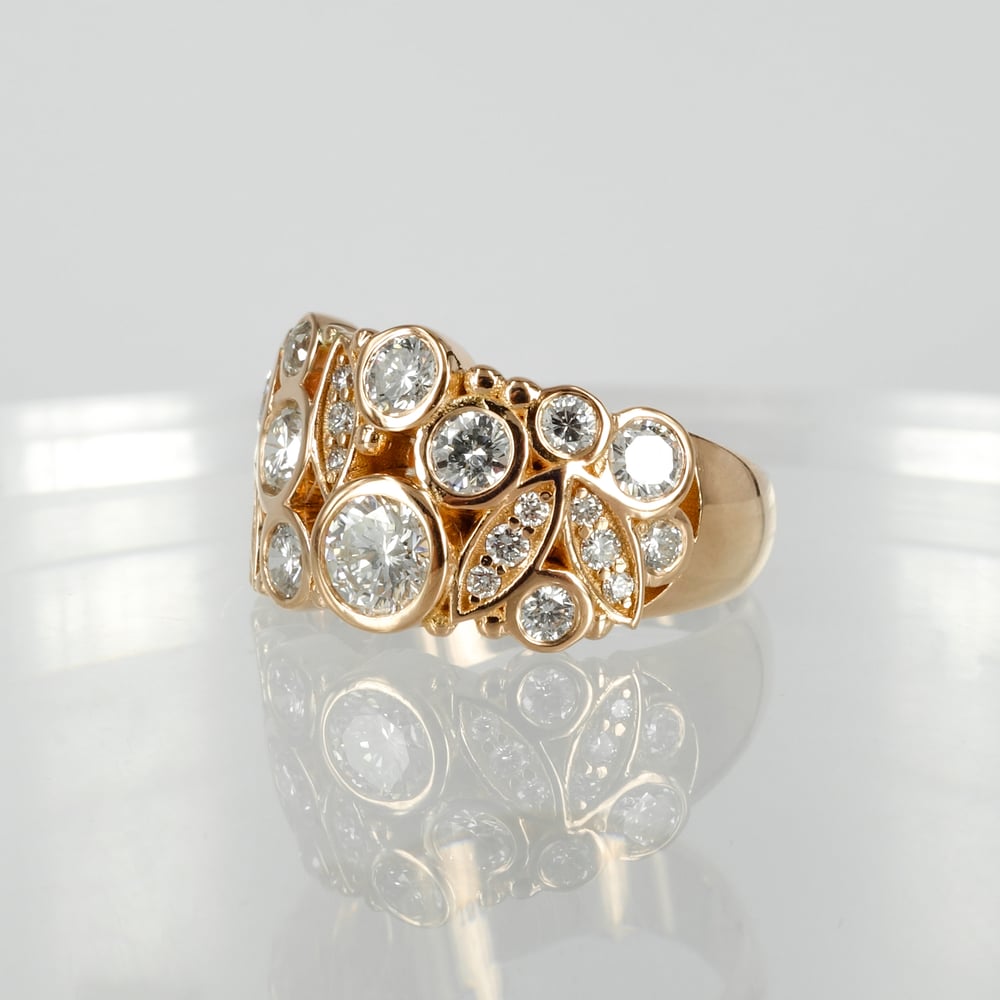 Image of 18ct rose gold large cocktail ring, using clients re-purposed diamonds. 