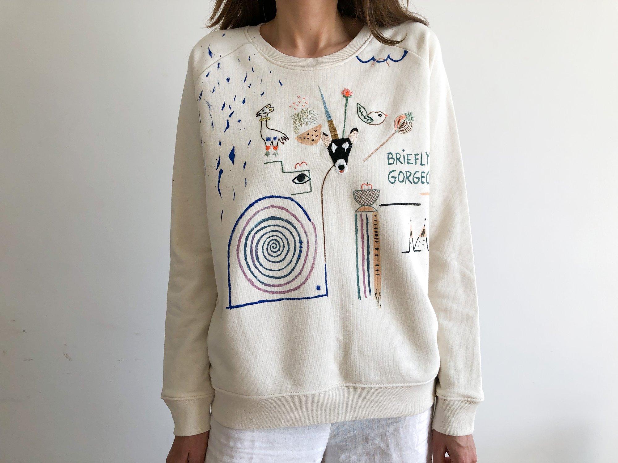 Made to Order Hand Painted Abstract Flower Exposed Seam Raw Edge Off the  Shoulder Raglan Sleeve Sweatshirt Wearable Art