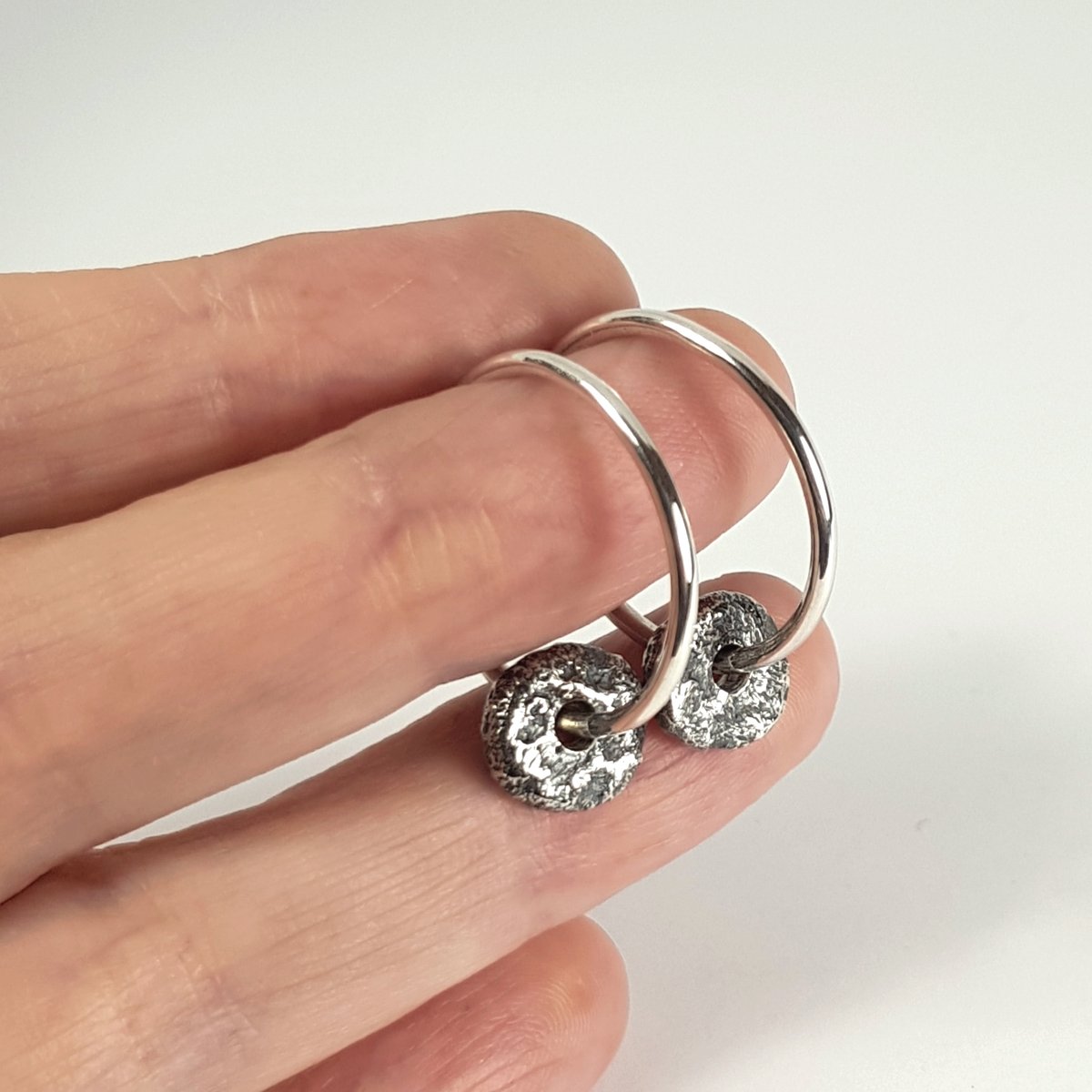 Image of Silver Hoop Earrings with Pebble Charms, Handmade Sterling Silver Charm Hoops