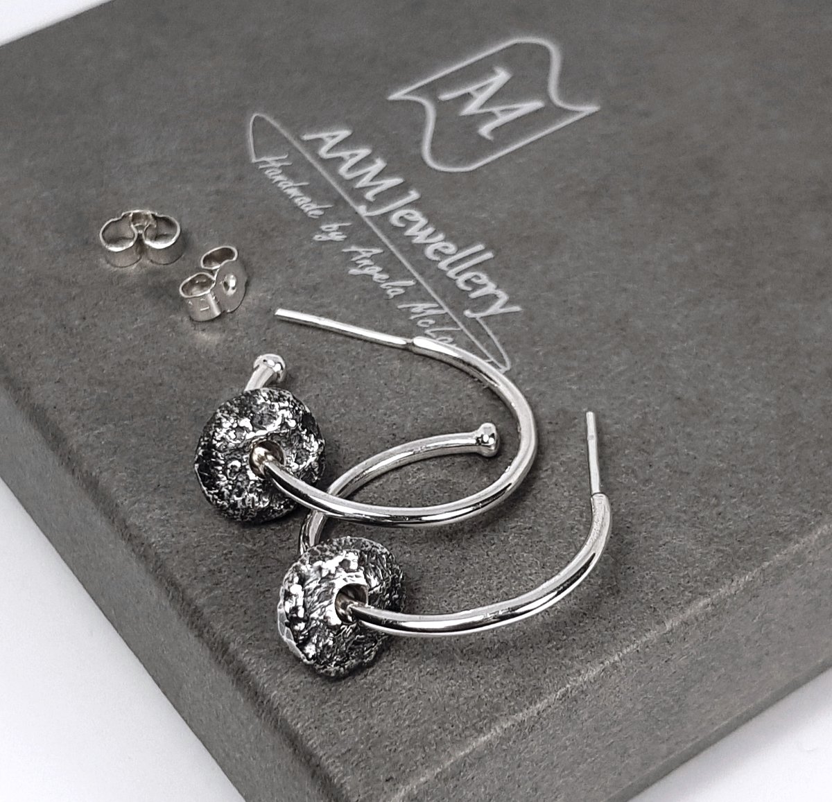 Image of Silver Hoop Earrings with Pebble Charms, Handmade Sterling Silver Charm Hoops