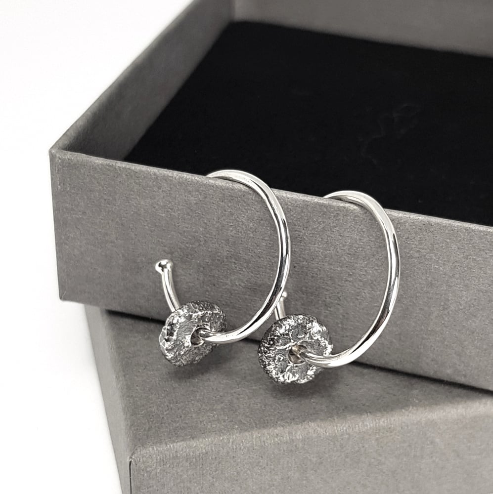 Image of Silver Hoop Earrings with Pebble Charms, Handmade Sterling Silver Charm Hoops