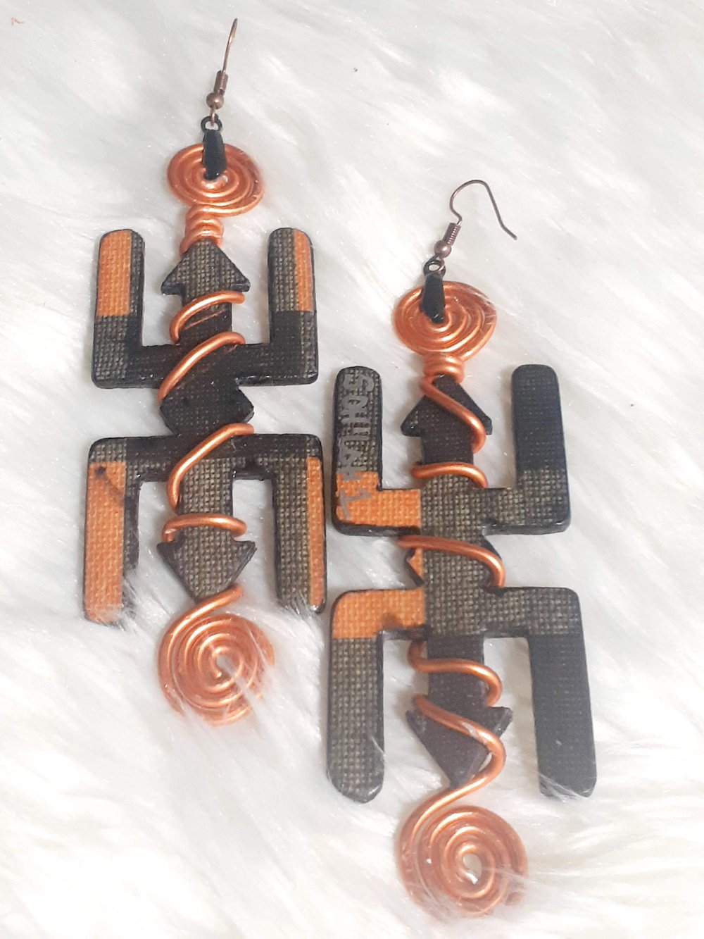 Image of Nteasee, West African symbols, Orange and black, Black Culture, Wired custom dangling earrings
