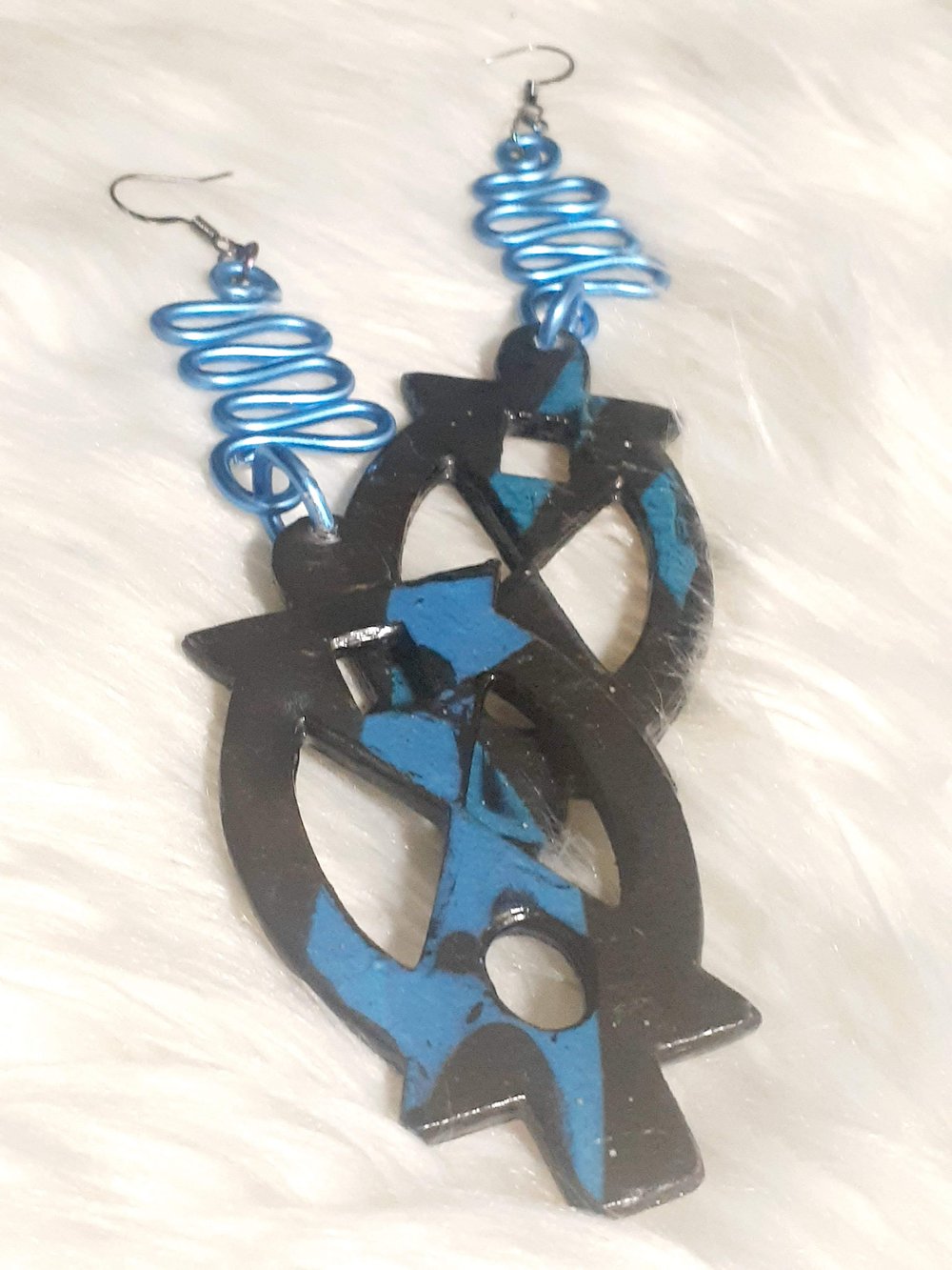 Image of Boa Me Na Me MMoa Wo, West African Symbol, Melanin Love, Trendy Blue Wired, Dangling  earrings