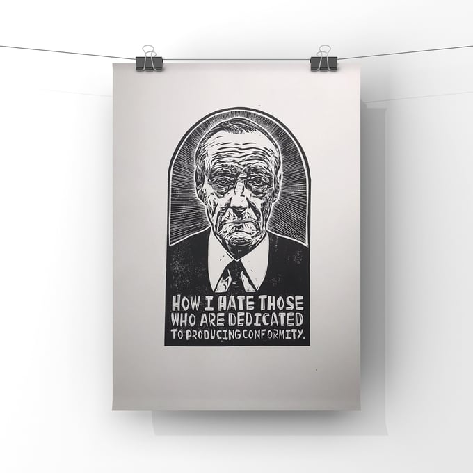 Image of William Burroughs. Beat Writer. Handmade. Original A3. linocut print. Limited and Signed. Art.