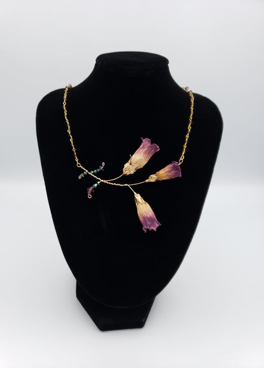 REAL Preserved Deadly Nightshade 3 Blossom Sprig Necklace w/ Amethyst Crystal Chain