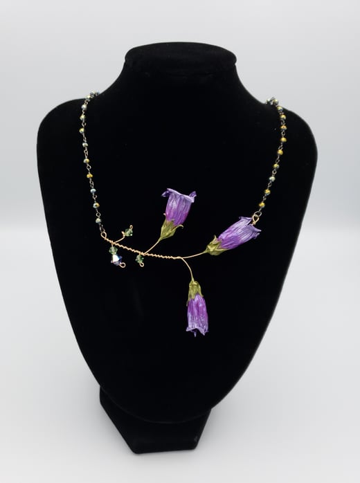 Electric Purple REAL  Deadly Nightshade 3 Blossom Sprig Necklace w/ Black Spinel Chain