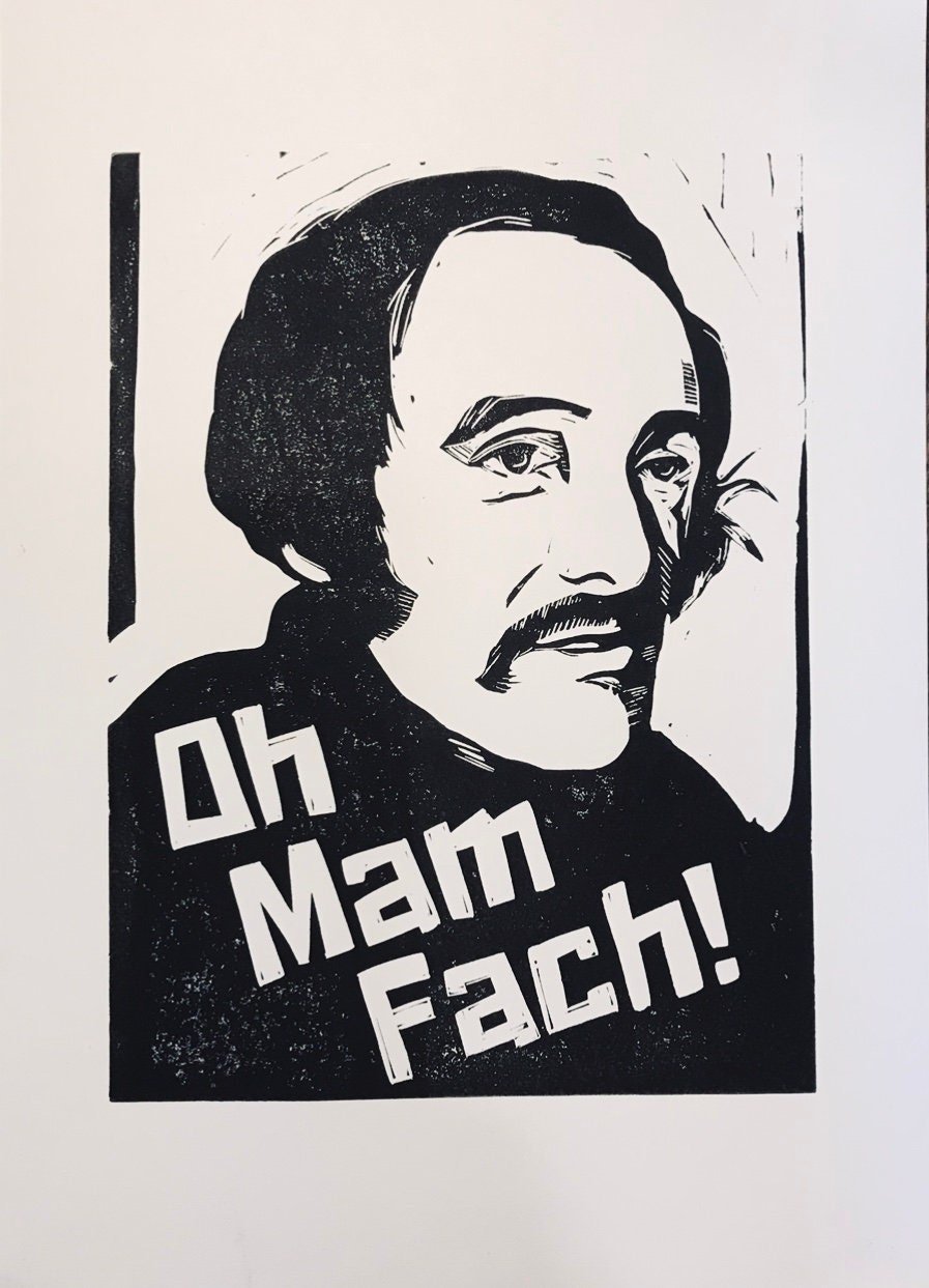 Image of Dewi Pws. Grand Slam. Oh Mam Fach!  Hand Made. Original A4 linocut print. Limited and Signed. Art.