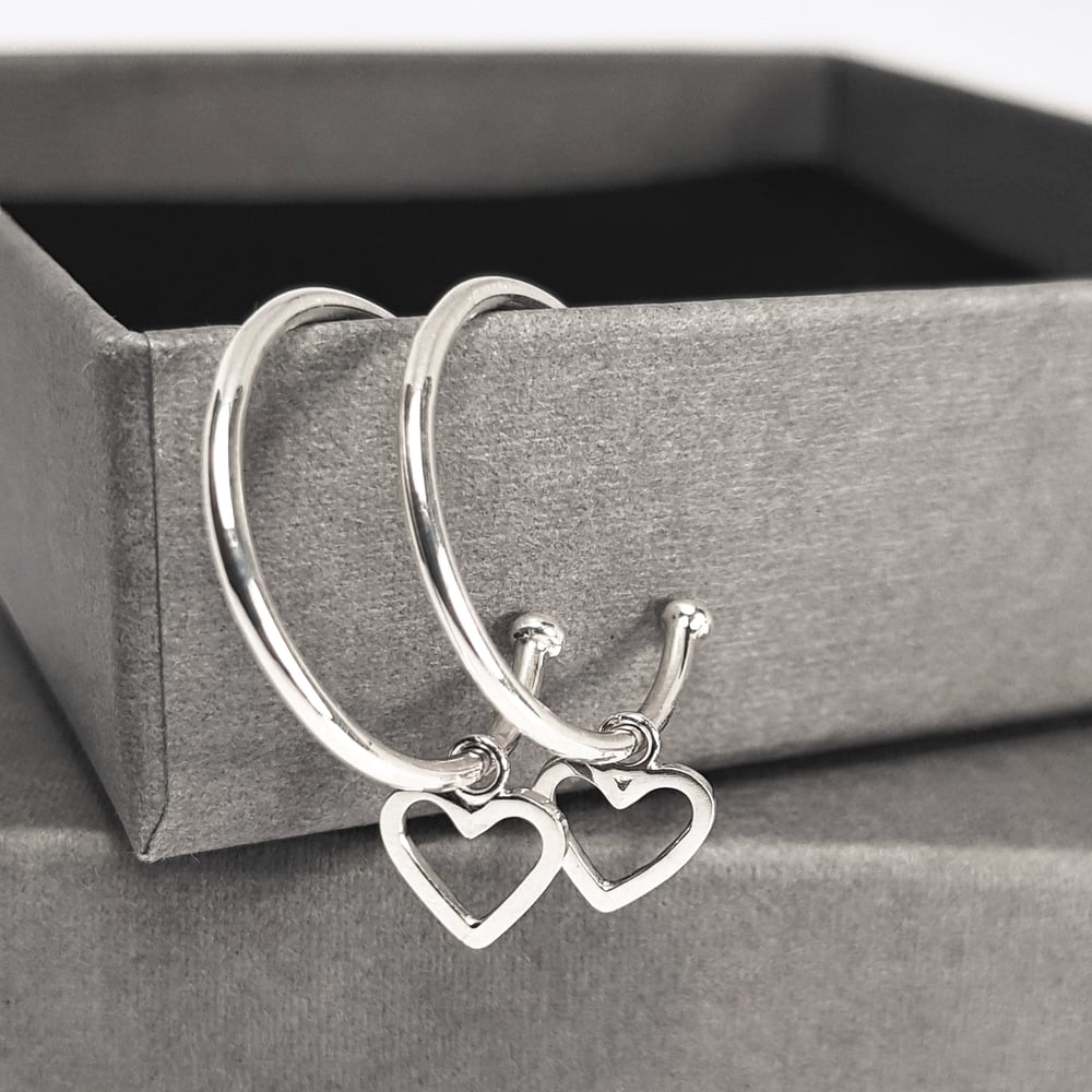 Image of Silver Hoop Earrings, Sterling Silver Hoops with Heart Charms, Heart Earrings