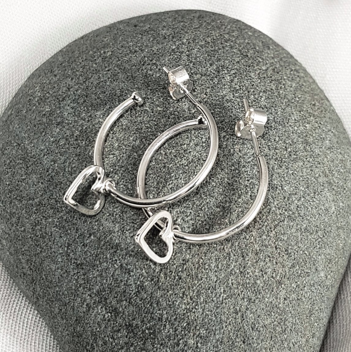 Image of Silver Hoop Earrings, Sterling Silver Hoops with Heart Charms, Heart Earrings