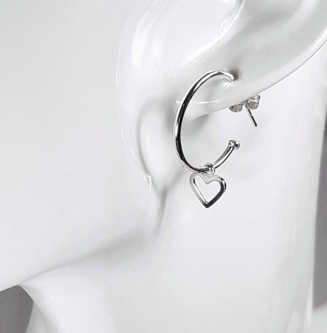 Image of Silver Hoop Earrings, Sterling Silver Hoops with Heart Charms, Heart Earrings