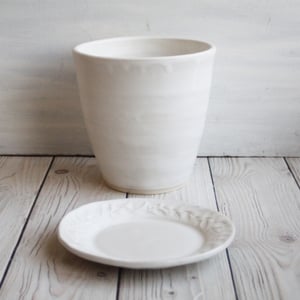 Image of Large Rustic Modern Planter with Drip Dish, Handmade Matte White Flower Pot, Made in USA