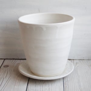 Image of Large Rustic Modern Planter with Drip Dish, Handmade Matte White Flower Pot, Made in USA