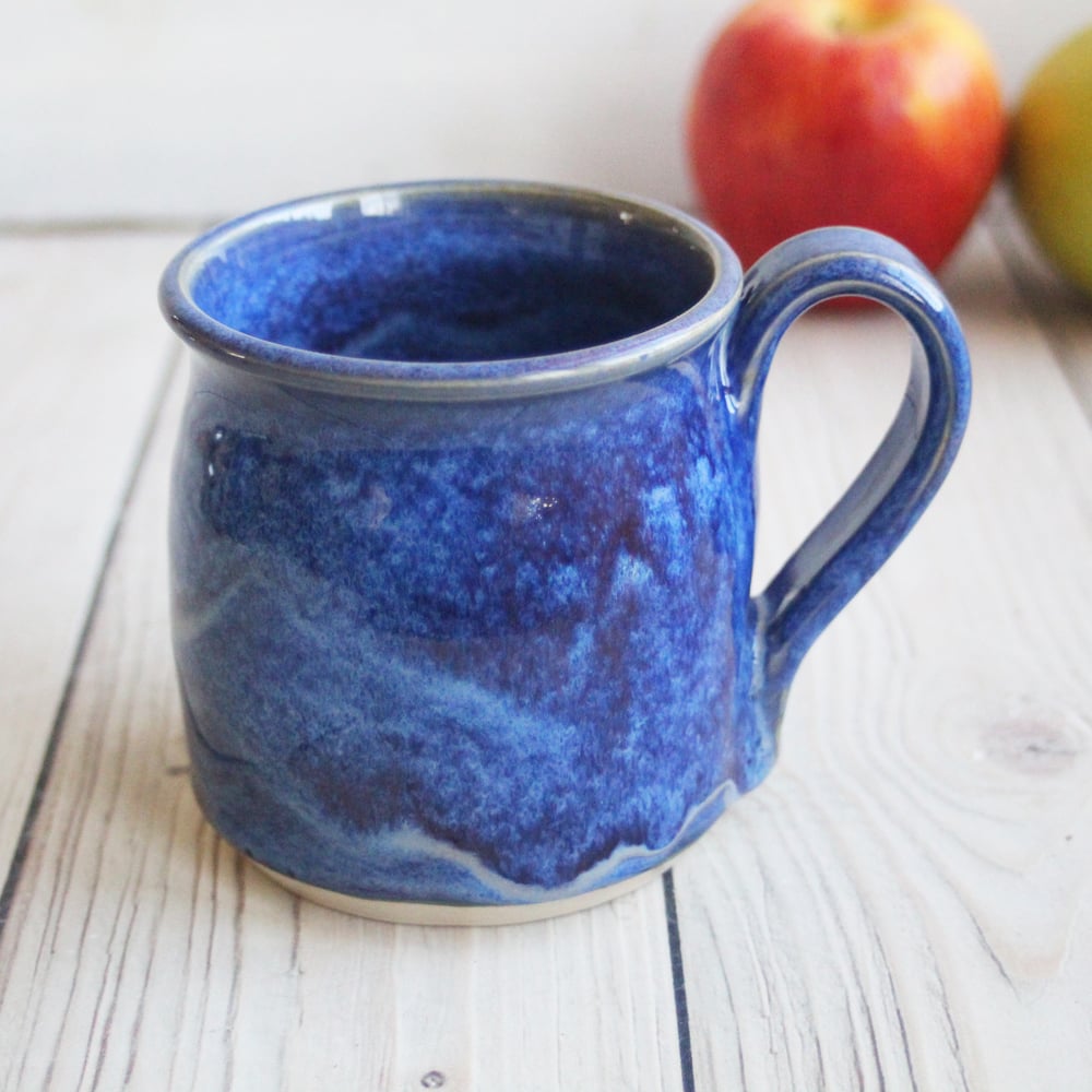 Image of Handmade Stoneware Mug in Rich Blue Glazes, 14 oz Ceramic Coffee Cup, Made in USA