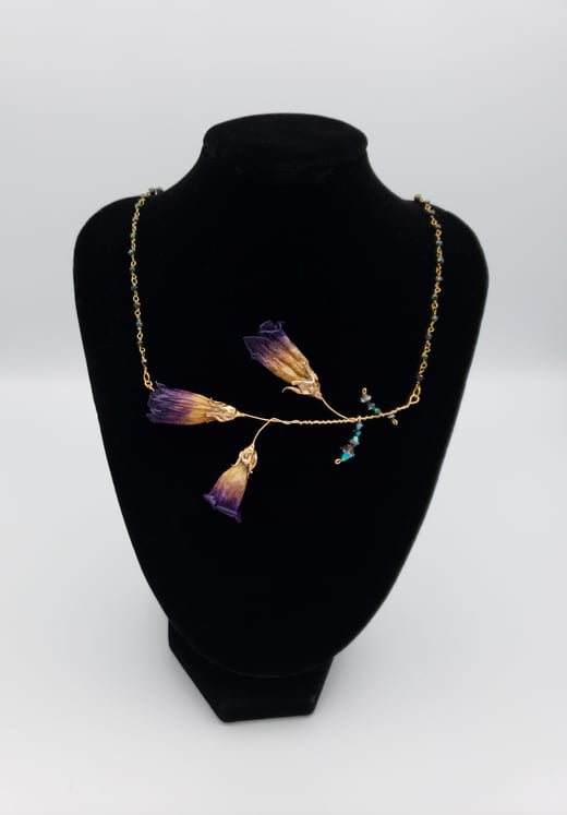 Dark Purple REAL Deadly Nightshade 3 Blossom Sprig Necklace w/ Gold Vermeil and Black Spinel Chain