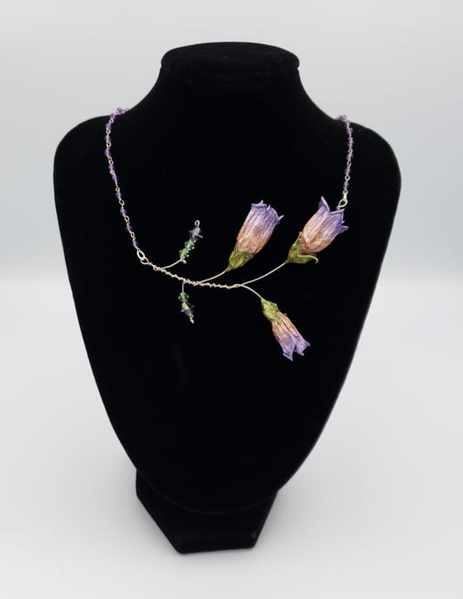 Glittering Purple REAL Deadly Nightshade 3 Blossom Sprig Necklace w/ Silver Chain and Amethyst 