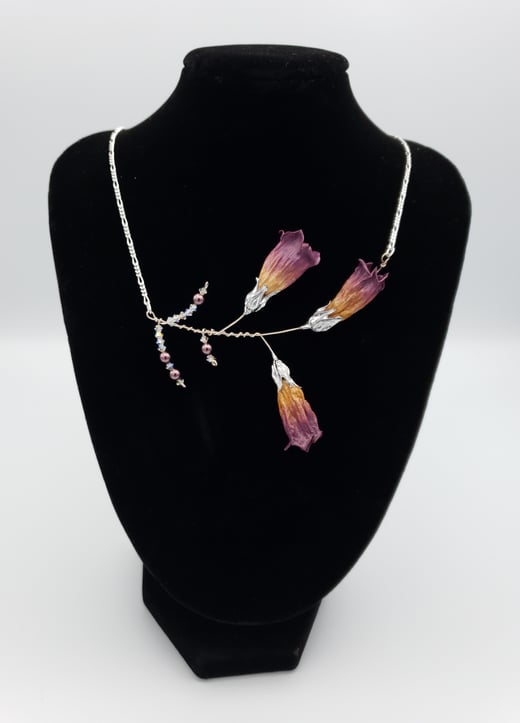 REAL Preserved Deadly Nightshade 2 Blossom Sprig Necklace with Swarovski Crystals and Pearls