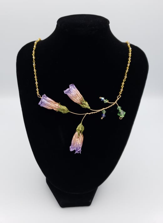 Glittering Purple REAL Deadly Nightshade 3 Blossom Sprig Necklace w/ Gold Vermeil Chain and Citrine 