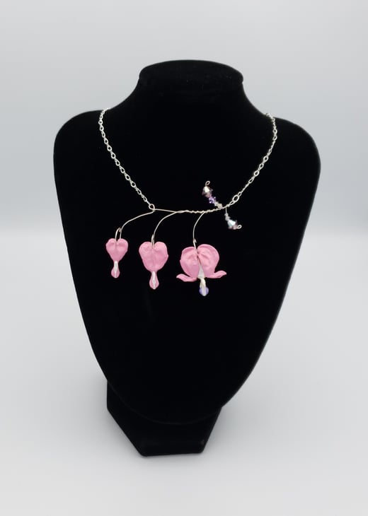 REAL Bleeding Heart 3 Blossom Sprig Necklace w/ Swarovski Crystals  and Sterling Silver Chain