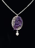 REAL Dark Purple Wolfsbane Sterling Silver Filigree Pendant w/ Swarovski Crystal Pearl Accent