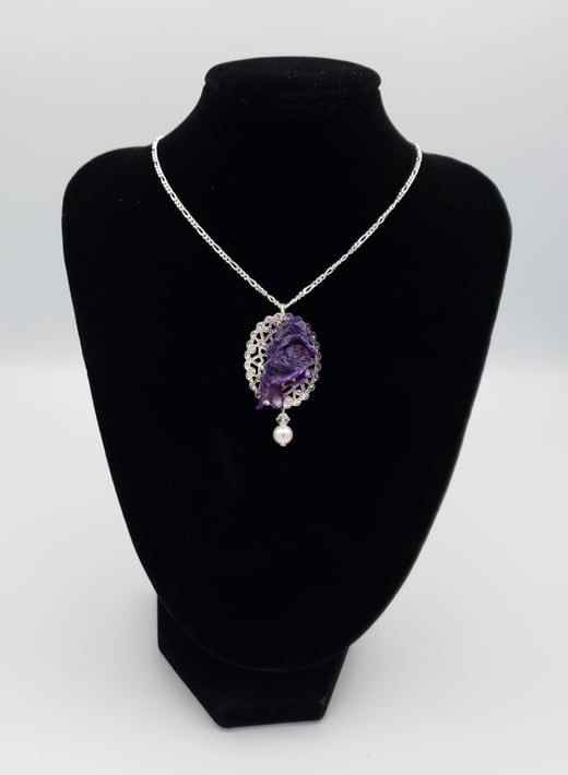 REAL Dark Purple Wolfsbane Sterling Silver Filigree Pendant w/ Swarovski Crystal Pearl Accent 