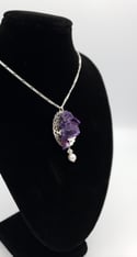 REAL Dark Purple Wolfsbane Sterling Silver Filigree Pendant w/ Swarovski Crystal Pearl Accent