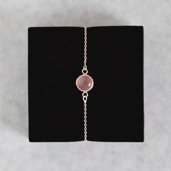 Image of Pale Pink Chalcedony cabochon cut silver chain bracelet