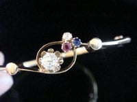 Image 2 of Edwardian 15ct yellow gold old cut diamond 3 leaf clover trefoil sapphire ruby bangle