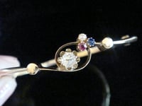 Image 5 of Edwardian 15ct yellow gold old cut diamond 3 leaf clover trefoil sapphire ruby bangle