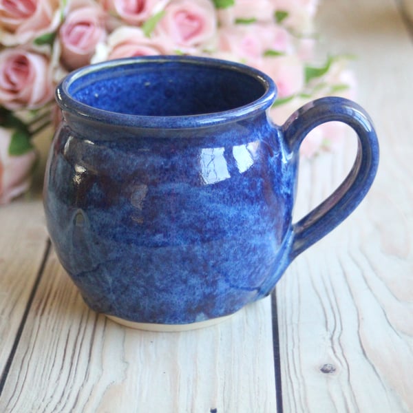 Image of Pottery Mug in Rich Blue Glaze, 14 oz. Handmade Pottery Cup Made in USA
