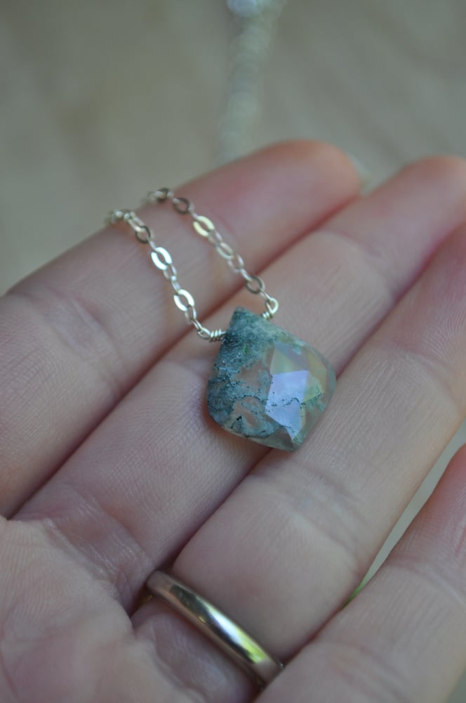 Image of Moss Agate Rounded Teardrop Necklace on Sterling Silver