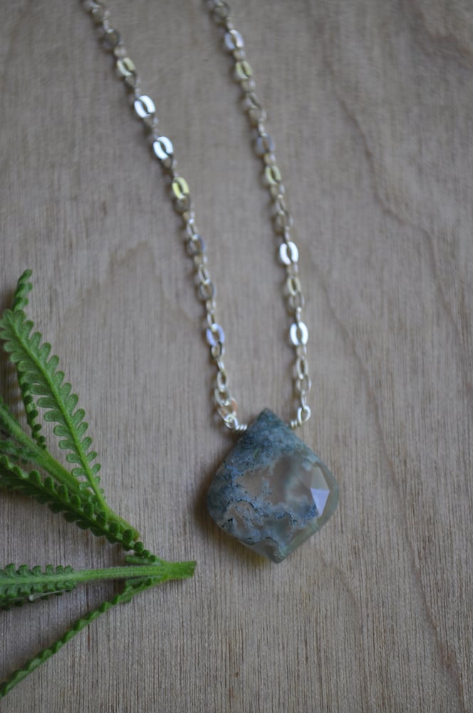 Image of Moss Agate Rounded Teardrop Necklace on Sterling Silver