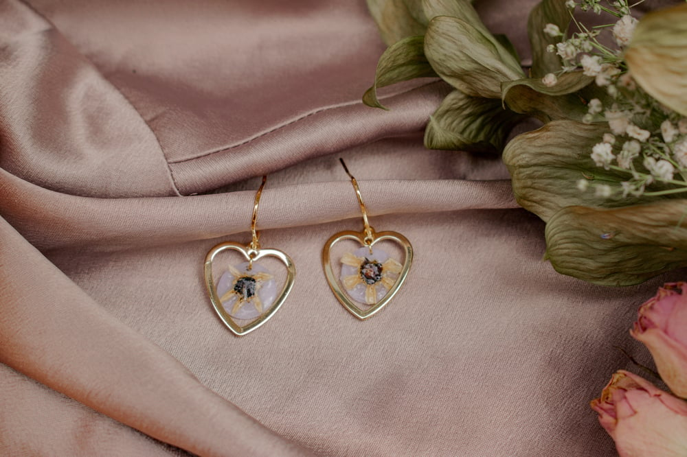 Image of Gold Heart Flower Earrings