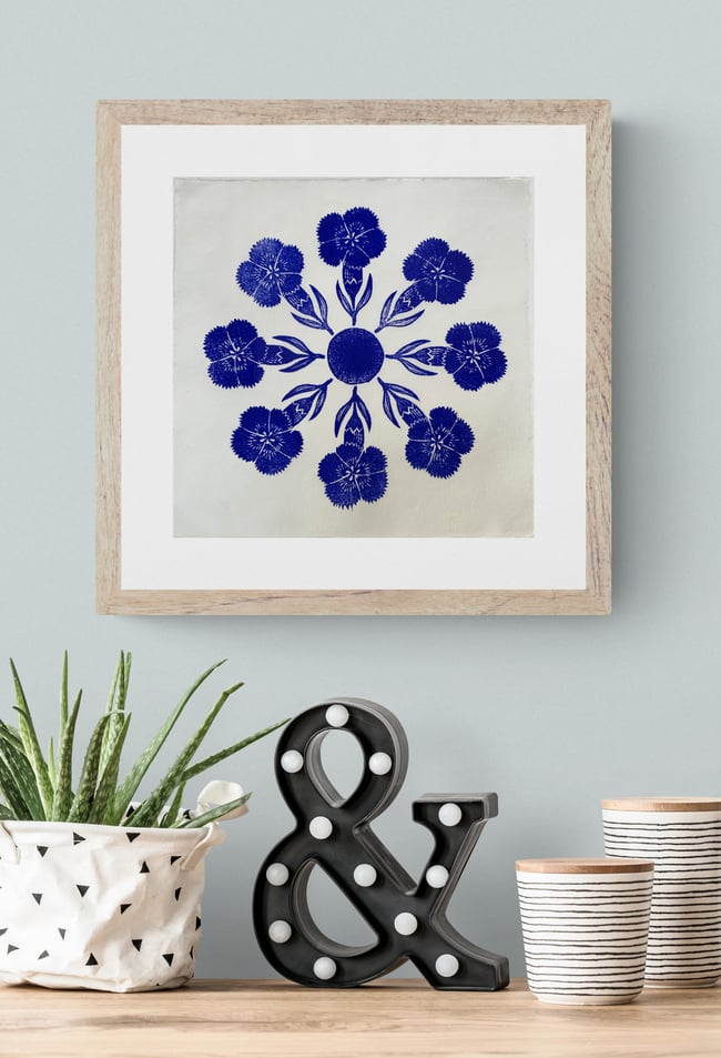 Synchronised dianthus - original block print framed 