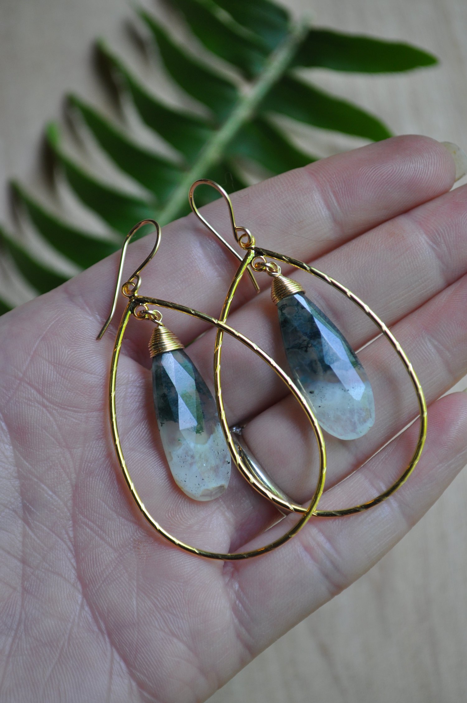 Image of One of a Kind Moss Agate Teardrop Hoop Dangles