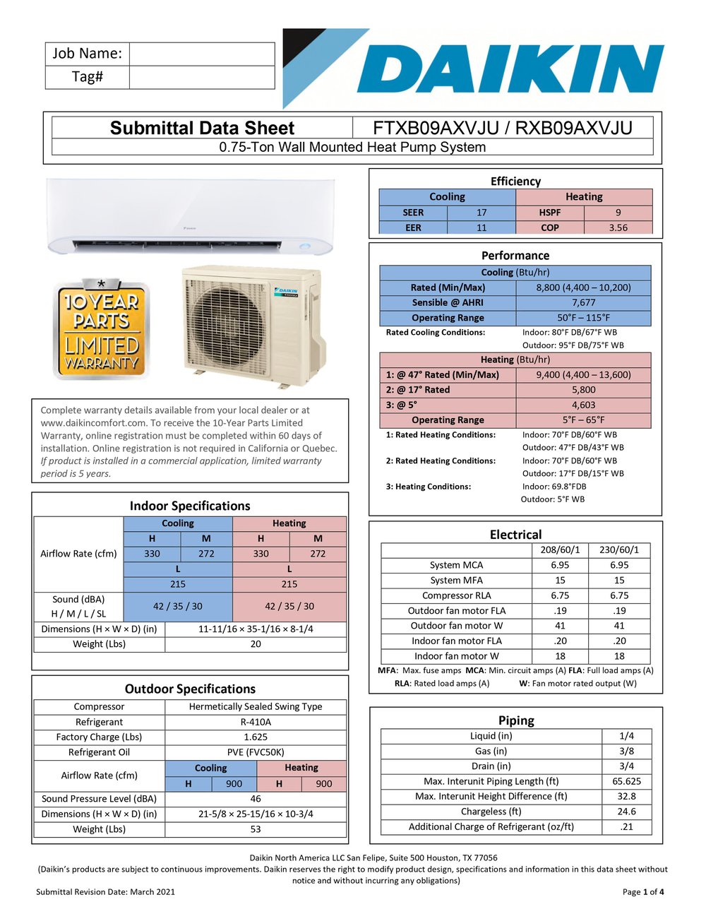 Daikin FTXB09AXVJU / RXB09AXVJU 9000 BTU Class 17 Series Heat/Cool Single Zone Mini Split System