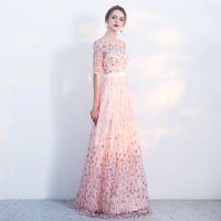 Image 1 of Pink Short Sleeves Lace Floral Party Dress, A-Line Wedding Party Dress, Bridesmaid Dress