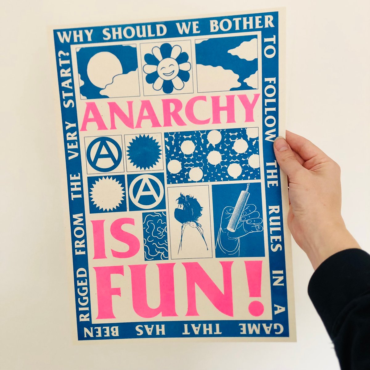 Image of Anarchy is Fun! blue and pink A3 riso print