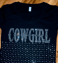 Black COWGIRL Rhinestone Bling Tee for Rodeos Concerts and Country Glam