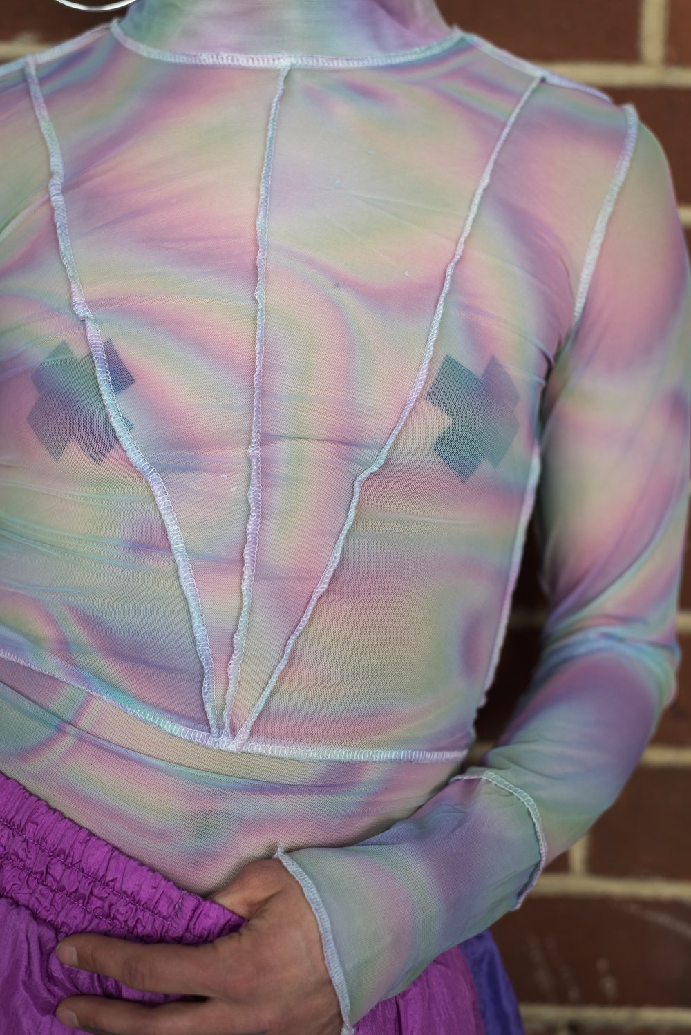 Patchwork Candy Swirl Mesh High Neck Top π¬