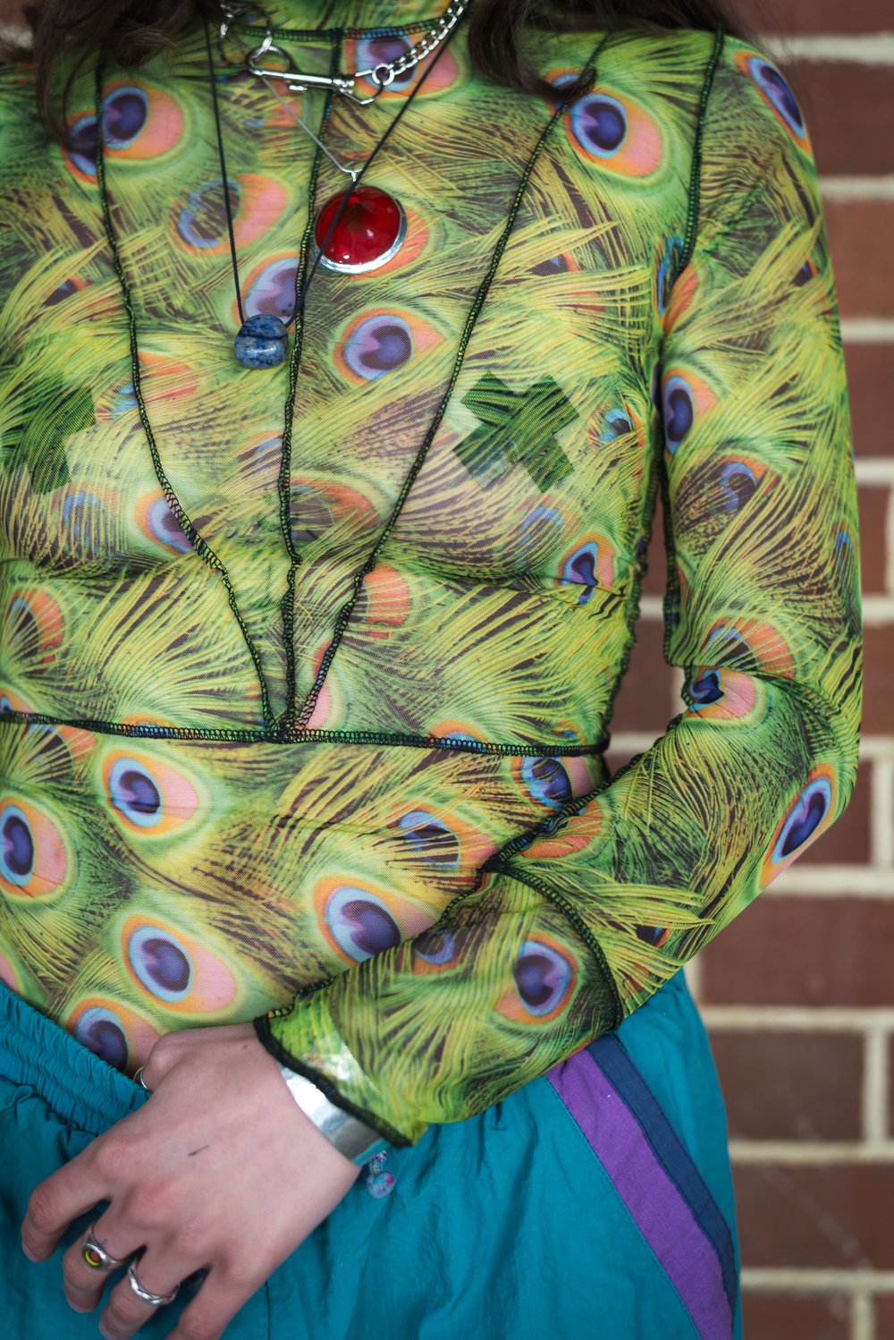 Patchwork Peacock Mesh High Neck Top π¦
