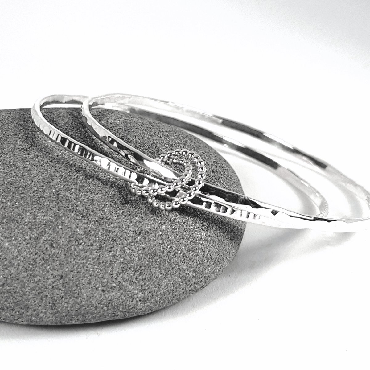Image of Sterling Silver Bangle Set, Handmade Solid Silver Bracelets with Beaded Ring Charms