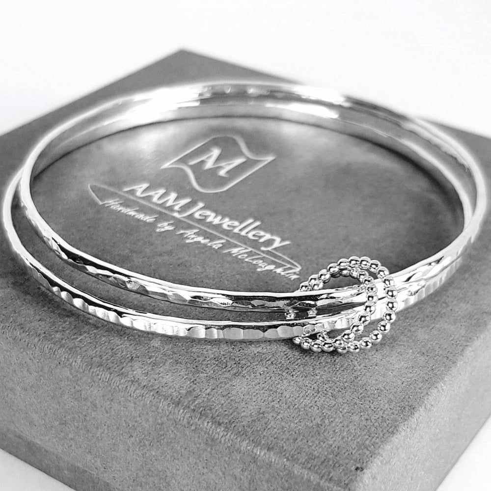 Image of Sterling Silver Bangle Set, Handmade Solid Silver Bracelets with Beaded Ring Charms