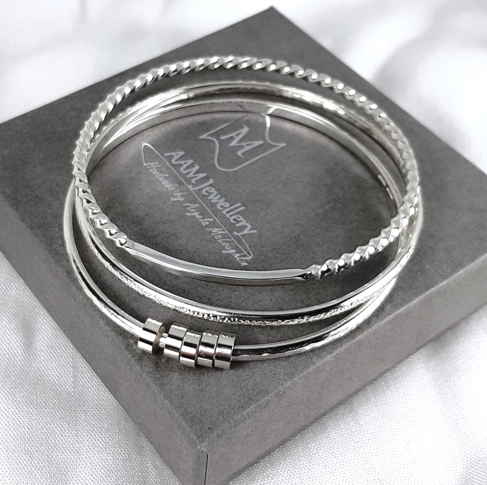 Image of Sterling Silver Stacking Bangles, Handmade Solid Silver Bracelet Set